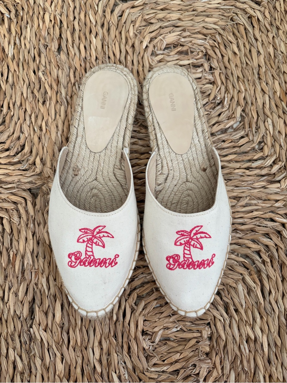 Ganni Cream Canvas Espadrille Mules with Pink Palm Embroidery